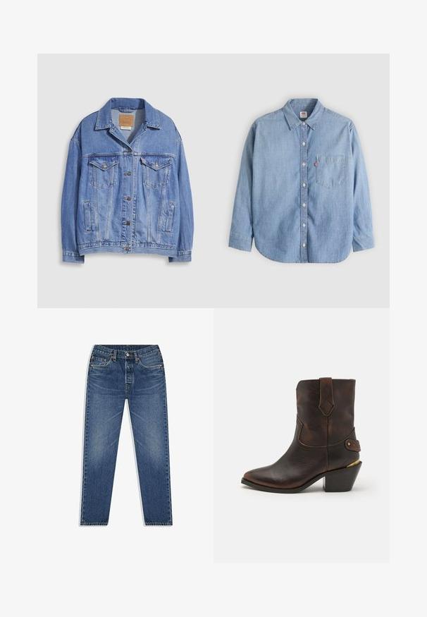 Hellblaue Jeansjacke mit Hemdkragen, Knopfleiste, zwei Brusttaschen und Seitentaschen. Verwaschene Textur und sichtbares Markenetikett.; Hellblaues Jeanshemd mit Knopfleiste am Kragen, Brusttasche und langen Ärmeln. Verfügt über einen abgerundeten Saum und eine subtile Textur.; Blaue Denim-Jeans mit geradem Bein, ausgestattet mit einem Knopf- und Reißverschluss, fünf Taschen und dezenten Abnutzungserscheinungen in der Waschung.; Braune Leder-Cowboystiefel mit spitzer Zehe und gestapeltem Absatz. Verfügt über ein dekoratives Diamantmuster und einen Riemen mit Hardware-Akzenten.