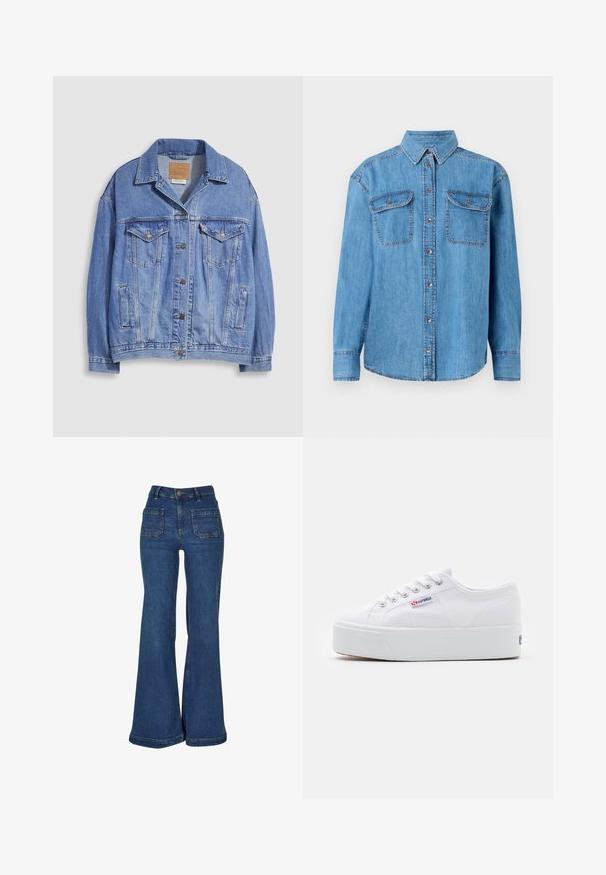 Veste en denim bleu clair avec col chemise, fermeture à boutons, deux poches poitrine et poches latérales. Texture usée et étiquette de marque visible.; Chemise en jean bleu clair à manches longues, avec un devant boutonné, deux poches poitrine et un col classique. Présente des coutures contrastées.; Jean en denim bleu taille haute avec jambes évasées larges, poches plaquées à l'avant, passants de ceinture et fermeture par bouton.; Baskets en toile blanches avec une épaisse semelle plateforme blanche, bout rond et œillets en métal pour les lacets. Logo de la marque affiché sur le côté.