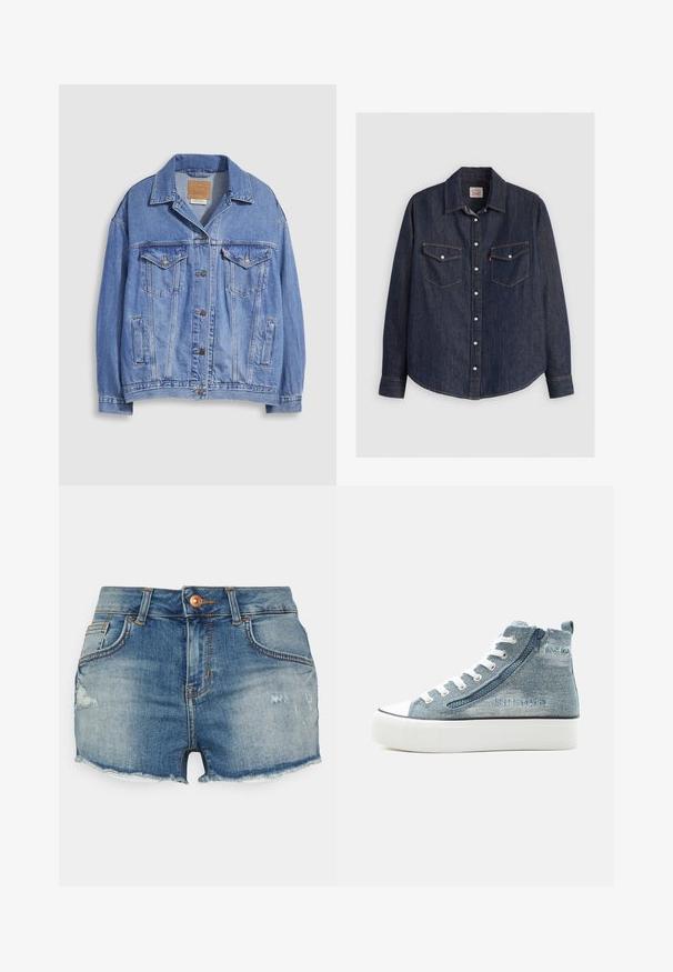 Veste en denim bleu clair avec col chemise, fermeture à boutons, deux poches poitrine et poches latérales. Texture usée et étiquette de marque visible.; Chemise en denim bleu foncé à manches longues, avec un devant à boutons, deux poches poitrine avec rabats et des coutures jaunes contrastantes.; LTB PAMELA - Short en jean - lelia; Basket en denim montante avec lacets blancs, fermeture éclair latérale, semelle en caoutchouc et détail brodé de marque sur le côté extérieur.