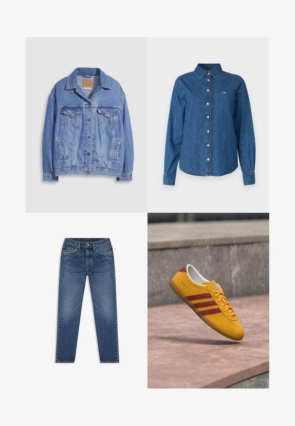 Lyseblå denimjakke med skjortekrave, knaplukning, to brystlommer og sidelommer. Slidt tekstur og synligt mærke.; GANT REG - Skjortebluser - indigo; Blå denim jeans med lige ben-design, der har knap- og lynlåsgylpter, fem lommer og subtilt slid i vasken.; Gul ruskindssneaker med røde striber, flad sål og polstret krave; har snørelukning og mærketag.