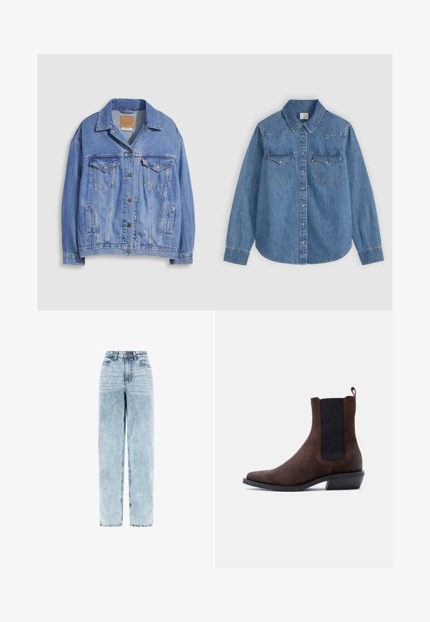 Lyseblå denimjakke med skjortekrave, knaplukning, to brystlommer og sidelommer. Slidt tekstur og synligt mærke.; Langærmet blå denim skjorte med knapper, spids krave og to brystlommer med klap på en lys baggrund.; Høj talje, lyseblå falmet denimjeans med lige ben, knaplukning foran, lynlås og forlommer.; Brun ruskind Chelsea-støvle med sort elastisk sidepanel, trækflig bagpå, lav hæl og spids tå på hvid baggrund.