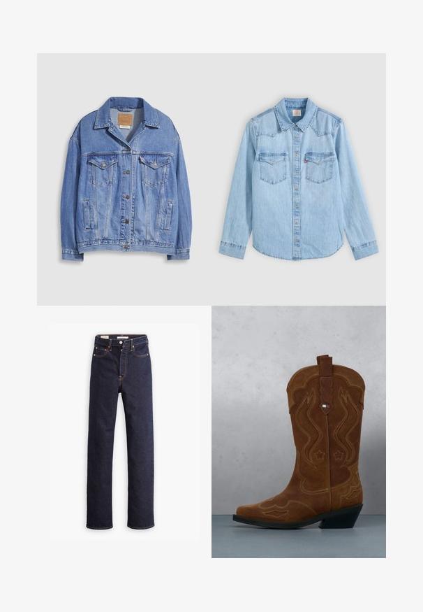 Lichtblauwe spijkerjack met overhemdkraag, knoopsluiting, twee borstzakken en zijzakken. Versleten textuur en zichtbaar merklabel.; Lichtblauw denim overhemd met lange mouwen, knoopsluiting, twee borstzakken met kleppen en een klassieke puntige kraag op een grijze achtergrond.; Donkerblauwe straight-leg denim jeans met vijf zakken en zichtbare oranje stiksels op een witte achtergrond.; Bruine suède cowboylaars met decoratieve stiksels en een vlagembleem op de schacht, staande op een houten lattenvloer buiten.