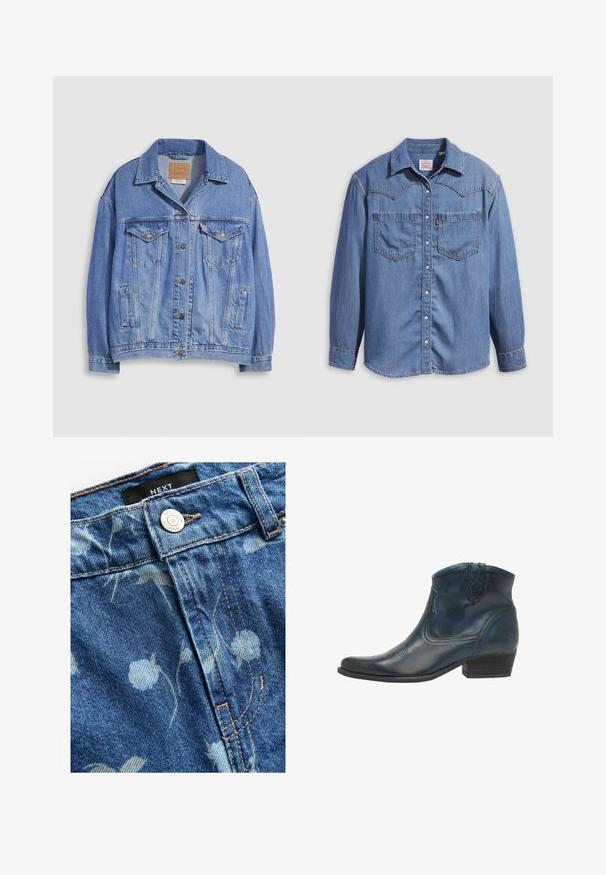 Hellblaue Jeansjacke mit Hemdkragen, Knopfleiste, zwei Brusttaschen und Seitentaschen. Verwaschene Textur und sichtbares Markenetikett.; Hellblaues Jeanshemd mit spitzem Kragen, zwei Brusttaschen und Druckknöpfen. Verfügt über ein Western-Stil Rückenpasse-Design.; Denimstoff in hellblau mit floralem Muster. Enthält einen silbernen Knopfverschluss und beigefarbene Nähte entlang der Nähte. Markenlabel sichtbar.; Cowboy-Stiefel aus dunkelblauem Leder, mit spitz zulaufender Zehenpartie, geschwungenen Akzenten und einem niedrigen, gestapelten Absatz mit dezenten Nähdetails.