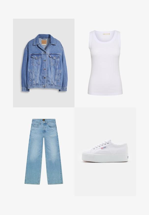 Chaqueta vaquera azul claro con cuello tipo camisa, cierre de botones, dos bolsillos en el pecho y bolsillos laterales. Textura desgastada y etiqueta de marca visible.; Camiseta sin mangas blanca acanalada con escote en U, pequeña etiqueta de marca dentro del cuello y corte ajustado.; Vaqueros de cintura ancha en azul claro, fabricados en denim. Cuenta con un diseño clásico de cinco bolsillos y una sutil textura deslavada. Cierre con botón y cremallera.; Zapatilla de lona blanca con una gruesa suela de plataforma blanca, punta redonda y ojales de metal para los cordones. Logotipo de la marca mostrado en el lateral.