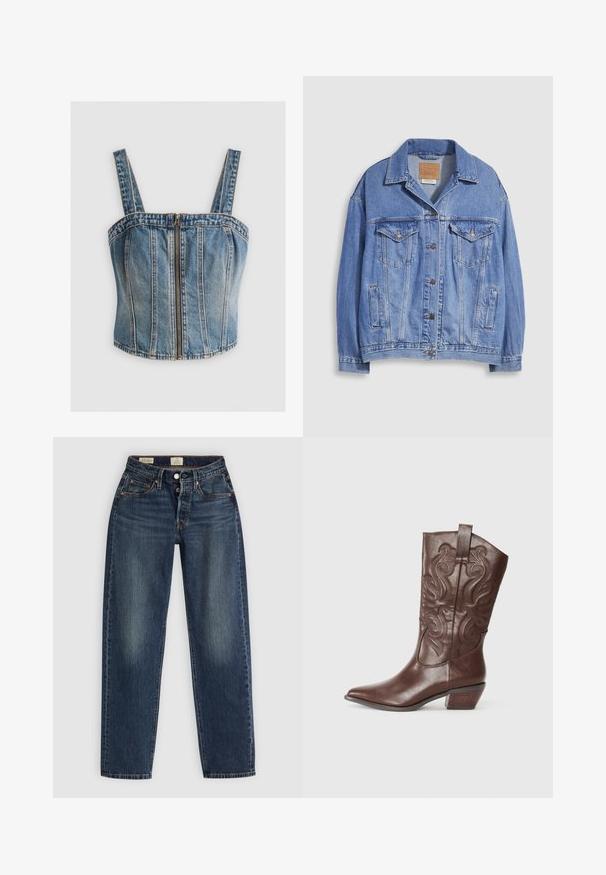 Veste en denim bleu clair avec col chemise, fermeture à boutons, deux poches poitrine et poches latérales. Texture usée et étiquette de marque visible.; Top en denim court avec des bretelles larges, doté d'une fermeture éclair sur le devant. Couleur bleu clair avec des coutures verticales et un design ajusté.; Jean en denim bleu avec une coupe droite, areas décolorées, poches avant et fermeture à boutons à la taille. Pas de motifs ni d'accents visibles.; Botte de cowboy en cuir marron avec un bout pointu, des coutures décoratives sur la tige et un talon bas empilé. Texture lisse avec une finition polie.