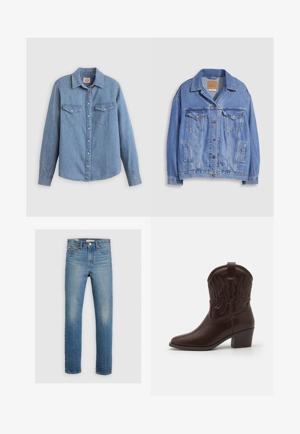 Lichtblauwe spijkerjack met overhemdkraag, knoopsluiting, twee borstzakken en zijzakken. Versleten textuur en zichtbaar merklabel.; Lichtblauw spijkerhemd met lange mouwen, knoopsluiting aan de voorkant, twee borstzakken en een klassieke kraag. Soepele textuur en een ontspannen pasvorm.; Lichtblauwe denim jeans met een rechte snit, subtiele vervaagde accenten en een standaard vijf-pocket ontwerp. Contrasterende stiksels langs de naden.; Bruine leren cowboylaarzen met spitse neuzen, geperste vleugelpatronen, een blokhak van gemiddelde hoogte en een lus aan de achterkant.