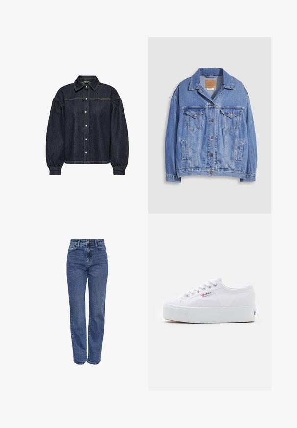 Veste en denim bleu clair avec col chemise, fermeture à boutons, deux poches poitrine et poches latérales. Texture usée et étiquette de marque visible.; Chemise en denim bleu foncé avec des manches longues bouffantes, boutonnée à l'avant et avec des coutures jaunes contrastantes sur la poitrine et les manches.; Jean taille haute bleu en denim. Équipé de jambes droites, design à cinq poches et coutures contrastantes. Finition classique et décoloration modérée.; Baskets en toile blanches avec une épaisse semelle plateforme blanche, bout rond et œillets en métal pour les lacets. Logo de la marque affiché sur le côté.