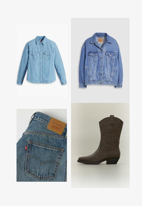 Hellblaue Jeansjacke mit Hemdkragen, Knopfleiste, zwei Brusttaschen und Seitentaschen. Verwaschene Textur und sichtbares Markenetikett.; Helles blaues Denimhemd mit langen Ärmeln, spitzem Kragen, zwei Brusttaschen, Knopfleiste und subtiler Struktur. Keine sichtbaren Muster.; Gesäßtasche einer blauen Levi's Jeans mit orangefarbener Naht und braunem Lederpatch von Levi Strauss & Co. am Bund.; Brauner, halbhoher Leder-Cowboystiefel mit spitzer Kappe, dekorativen Nähte, Zugschlaufe und schrägem Blockabsatz vor neutralem Hintergrund.