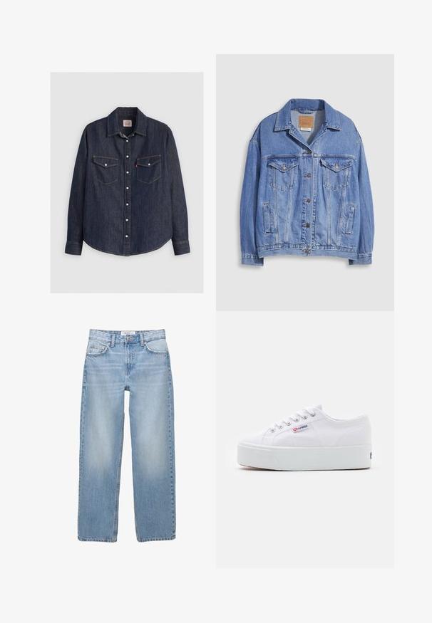 Lichtblauwe spijkerjack met overhemdkraag, knoopsluiting, twee borstzakken en zijzakken. Versleten textuur en zichtbaar merklabel.; Donkerblauwe denim overhemd met lange mouwen, kraag met knopen aan de voorkant, twee borstzakken met kleppen en contrasterende gele stiksels.; Lichtblauwe denim jeans met een recht model, vijf zakken en zichtbare stiksels. De stof heeft een zachte, iets vervaagde textuur.; Witte canvas sneaker met een dikke witte platformzool, ronde neus en metalen oogjes voor veters. Merkl logo aan de zijkant weergegeven.