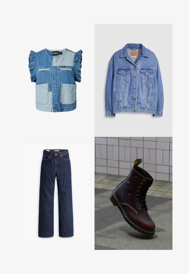 Veste en denim bleu clair avec col chemise, fermeture à boutons, deux poches poitrine et poches latérales. Texture usée et étiquette de marque visible.; Haut en denim sans manches pour enfants avec épaules volantées, poches plaquées et panneaux contrastés bleu clair et bleu foncé.; Jeans en denim droit bleu foncé avec cinq poches, surpiqûres orange et fermeture à boutons.; Botte en cuir brun foncé avec embossage floral et coutures jaunes, positionnée debout sur un pavé texturé avec un mur carrelé en arrière-plan.