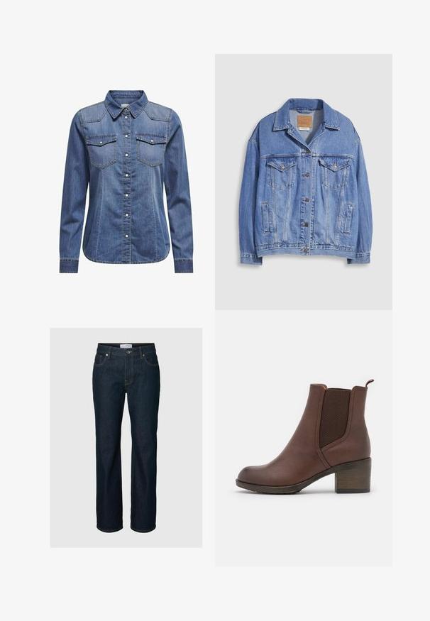 Hele sinine teksariidest jakk särgikaelusega, nööpidega, kahepoolsed rinnataskud ja küljetaskud. Kulunud tekstuur ja nähtav brändimärgistus.; Tumedates denim särk, millel on kaelus, pikad varrukad, kahekordsed rinnataskud ja kontrastsed õmblused.; Tumesinised otse säärega teksapüksid viie tasku, nööpidega kinnituse ja kontrastse õmblusega, esitletud ühevärvilisel taustal.; Prune nahkasaapad sujuva pinnaga, elastsete külgpaneelidega, ümarate varvastega ja mõõduka puidust kontsaga.
