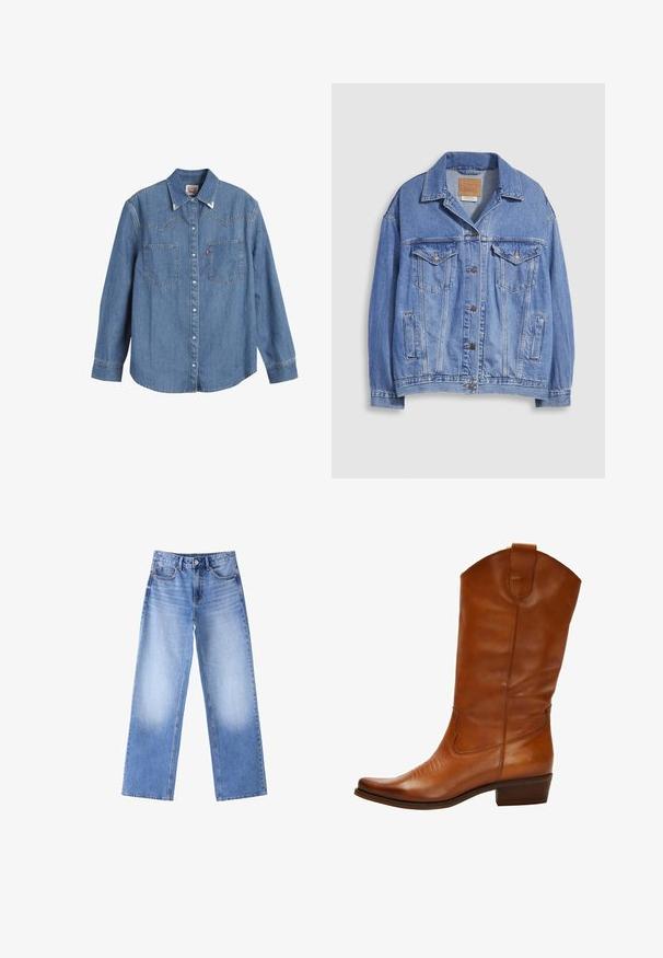 Lyseblå denimjakke med skjortekrave, knaplukning, to brystlommer og sidelommer. Slidt tekstur og synligt mærke.; Lys blå denimskjorte med lange ærmer, spids krave, to brystlommer og kontraststing. Har et western-inspireret yoke-design.; Blå denim jeans med høj talje, bredde lige ben og falmede områder på lårene, med frontknapper og lommer på hvid baggrund.; Brune læder cowboystøvle med spids tå, dekorativ syning på forsiden og en lav stablet hæl. Har en trækflap øverst.