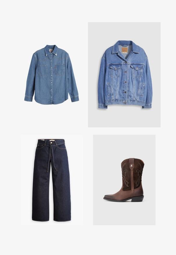 Hellblaue Jeansjacke mit Hemdkragen, Knopfleiste, zwei Brusttaschen und Seitentaschen. Verwaschene Textur und sichtbares Markenetikett.; Hellblaues Denim-Hemd mit langen Ärmeln, spitzem Kragen, zwei Brusttaschen und kontrastierenden Nähten. Verfügt über ein Design mit Westernstil-Yoke.; Weite, dunkelblaue Jeans aus Denim mit hoher Taille, ausgestattet mit einem Kordelzug, fünf Taschen und kontrastierenden Nähdetails.; Brauner Leder-Cowboystiefel mit strukturiertem Wildlederobermaterial, detaillierter weißer Naht, spitz zulaufender Spitze und einem niedrigen Blockabsatz.