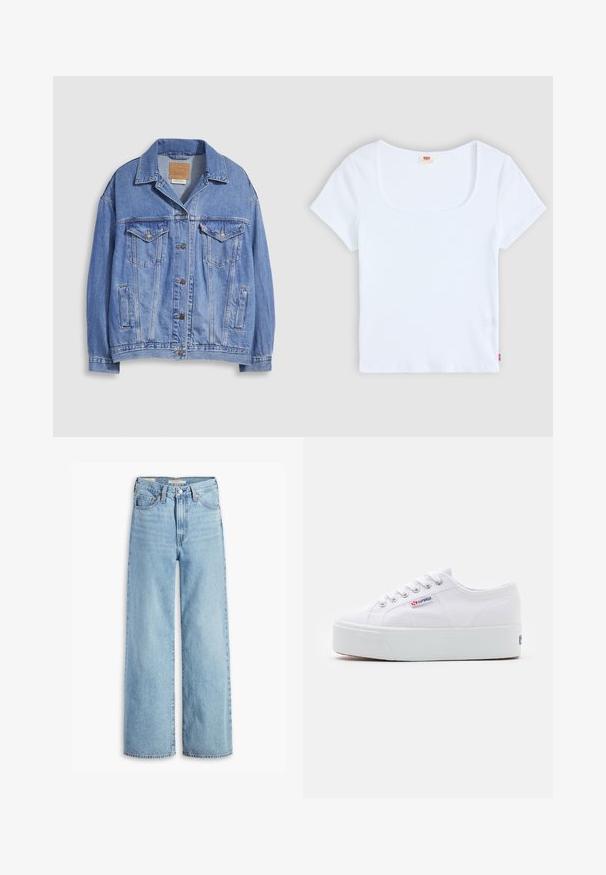 Hellblaue Jeansjacke mit Hemdkragen, Knopfleiste, zwei Brusttaschen und Seitentaschen. Verwaschene Textur und sichtbares Markenetikett.; Weiße kurzärmelige Bluse mit quadratischem Ausschnitt, aus geripptem Stoff. Mit einem kleinen roten Logoschild auf der unteren linken Seite.; Hochgeschnittene, hellblaue Schlagjeans mit Frontknopf und Reißverschluss, Gürtelschlaufen und fünf Taschen.; Weiße Leinenschuhe mit einer dicken weißen Plattformsohle, runder Zehenpartie und Metallösen für die Schnürsenkel. Markenlogo an der Seite angebracht.