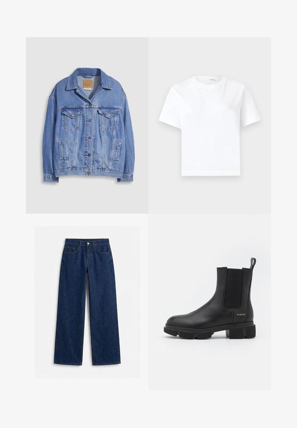 Hellblaue Jeansjacke mit Hemdkragen, Knopfleiste, zwei Brusttaschen und Seitentaschen. Verwaschene Textur und sichtbares Markenetikett.; Einfaches weißes kurzärmeliges Baumwoll-T-Shirt mit rundem Ausschnitt und geradem Saum, dargestellt auf weißem Hintergrund.; Dunkelblaue, hoch taillierte Jeans mit geradem Bein, vorderen Taschen, Gürtelschlaufen und silbernem Knopfverschluss vor weißem Hintergrund.; Schwarze Leder-Ankle-Boots mit elastischen Seitenpaneelen und einer robusten, profilierten Sohle. Mit einer Zuglasche und goldenen Markendetails. Matte Oberfläche.