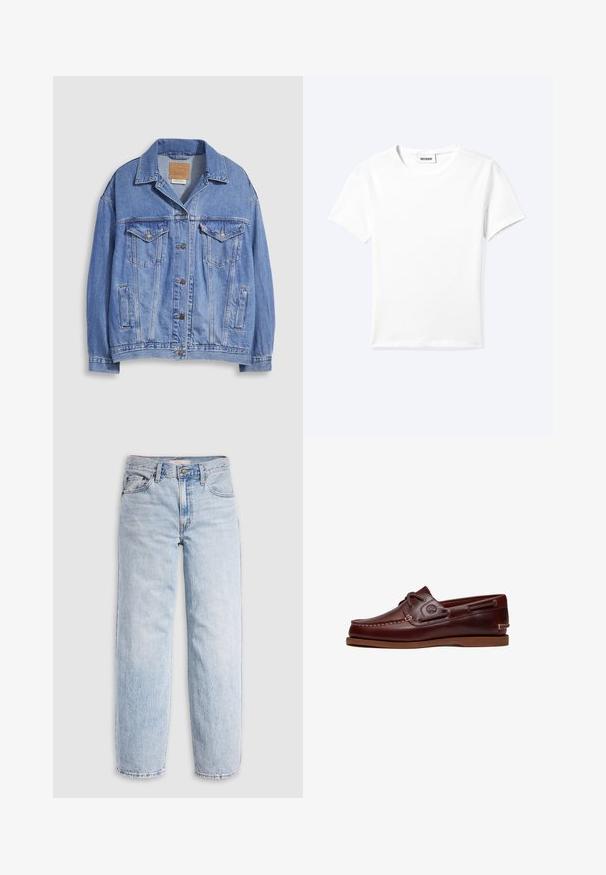 Lichtblauwe spijkerjack met overhemdkraag, knoopsluiting, twee borstzakken en zijzakken. Versleten textuur en zichtbaar merklabel.; Effen wit T-shirt met korte mouwen en ronde hals met een klein "WEEKDAY" label aan de binnenkant van de hals, plat neergelegd op een lichte achtergrond.; Lichtblauwe spijkerbroek met hoge taille, losvallende pasvorm, rechte pijpen en een klassiek ontwerp met vijf zakken. Zichtbare vervaging en stikseldetails.; Bruine leren boot schoen met veters, stiksel details en Timberland-logo aan de zijkant, weergegeven op een witte achtergrond.