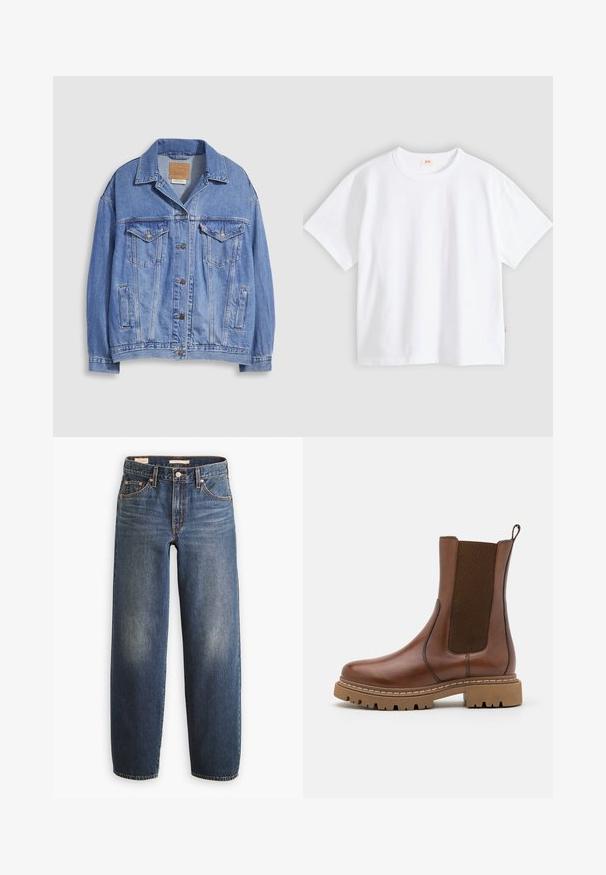 Veste en denim bleu clair avec col chemise, fermeture à boutons, deux poches poitrine et poches latérales. Texture usée et étiquette de marque visible.; T-shirt en coton blanc à manches courtes, col rond, coupe décontractée, texture lisse, avec une petite étiquette logo sur la couture latérale gauche.; Jean en denim bleu foncé avec une coupe droite, doté de cinq poches, de rivets en cuivre et d'un léger délavage sur les cuisses.; Bottine en cuir marron avec des panneaux élastiques et une languette de tirage. Elle possède une semelle en caoutchouc épaisse et des détails de couture visibles le long des bords.