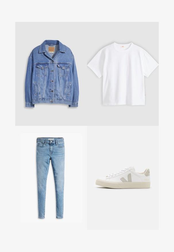 Veste en denim bleu clair avec col chemise, fermeture à boutons, deux poches poitrine et poches latérales. Texture usée et étiquette de marque visible.; T-shirt en coton blanc à manches courtes, col rond, coupe décontractée, texture lisse, avec une petite étiquette logo sur la couture latérale gauche.; Jean super skinny bleu clair avec fermeture à bouton et fermeture éclair à l'avant, passants de ceinture et design à cinq poches.; Baskets blanches en cuir avec des accents gris en forme de V, semelle en caoutchouc texturé, lacets blancs, et languette et col rembourrés.