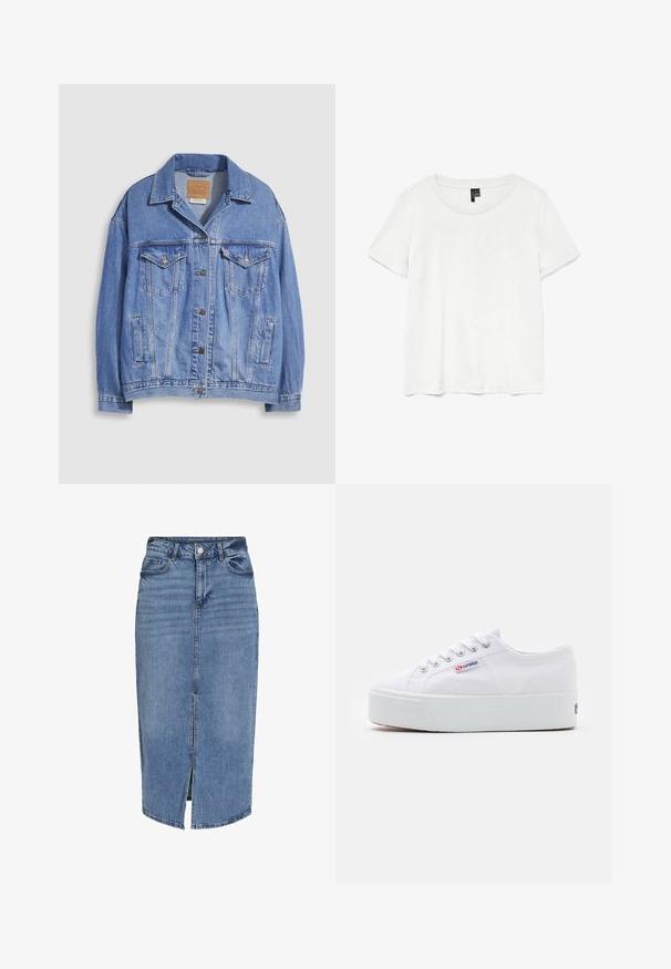 Lichtblauwe spijkerjack met overhemdkraag, knoopsluiting, twee borstzakken en zijzakken. Versleten textuur en zichtbaar merklabel.; Witte t-shirt met korte mouwen en een ronde hals, gemaakt van lichte stof. Eenvoudig ontwerp, gladde textuur en rechte zoom.; Lichtblauwe denim midi rok met een voorflap, vijf zakken, riemlussen en een knoopsluiting in de taille. Klassieke pasvorm en textuur.; Witte canvas sneaker met een dikke witte platformzool, ronde neus en metalen oogjes voor veters. Merkl logo aan de zijkant weergegeven.
