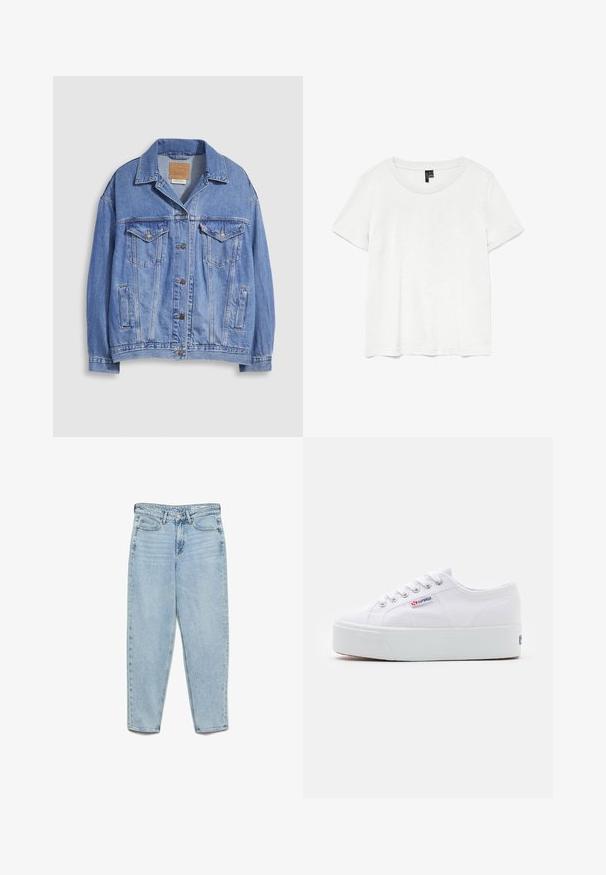 Lichtblauwe spijkerjack met overhemdkraag, knoopsluiting, twee borstzakken en zijzakken. Versleten textuur en zichtbaar merklabel.; Witte t-shirt met korte mouwen en een ronde hals, gemaakt van lichte stof. Eenvoudig ontwerp, gladde textuur en rechte zoom.; Lichtblauwe, hoogwater spijkerbroek met hoge taille, voorzakken, riemlussen, knoopsluiting en taps toelopende pijpen op een witte achtergrond.; Witte canvas sneaker met een dikke witte platformzool, ronde neus en metalen oogjes voor veters. Merkl logo aan de zijkant weergegeven.