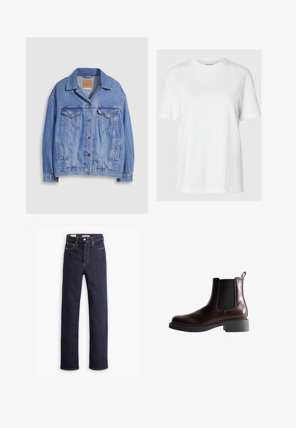Lyseblå denimjakke med skjortekrave, knaplukning, to brystlommer og sidelommer. Slidt tekstur og synligt mærke.; Hvid bomuld t-shirt med korte ærmer og rund halsudskæring. Har en afslappet pasform og et minimalistisk design uden mønstre eller accenter.; Mørkeblå straight-leg denim jeans med fem lommer og synlig orange syning på hvid baggrund.; Brune læder ankelstøvle med elastiske sidepaneler, rund tå og en struktureret sort gummisål. Har kontrasterende syninger og en trækflap.