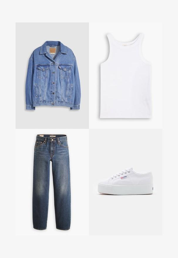 Veste en denim bleu clair avec col chemise, fermeture à boutons, deux poches poitrine et poches latérales. Texture usée et étiquette de marque visible.; Débardeur en coton blanc avec de larges bretelles, un col rond et une texture lisse et côtelée. Aucun motif ni accent présent.; Jean en denim bleu foncé avec une coupe droite, doté de cinq poches, de rivets en cuivre et d'un léger délavage sur les cuisses.; Baskets en toile blanches avec une épaisse semelle plateforme blanche, bout rond et œillets en métal pour les lacets. Logo de la marque affiché sur le côté.