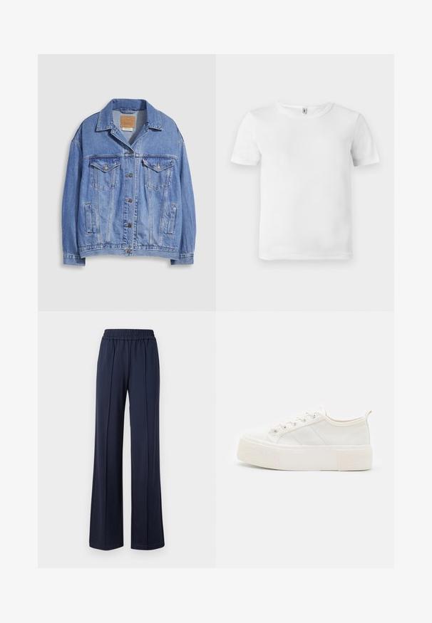 Lyseblå denimjakke med skjortekrave, knaplukning, to brystlommer og sidelommer. Slidt tekstur og synligt mærke.; Hvid kortærmet t-shirt med ribbet tekstur. Klassisk crew neckline, ingen synlige logoer eller mønstre, og et simpelt, rent design.; Mørkeblå, bredbenede bukser med elastisk talje, lavet af et blødt, glat stof. Har rene linjer og en afslappet silhuet.; Hvide kanvas sneakers med en struktureret, kraftig sål, der har flade snørebånd, sidelaner og en hælflap for nemt at tage dem på.