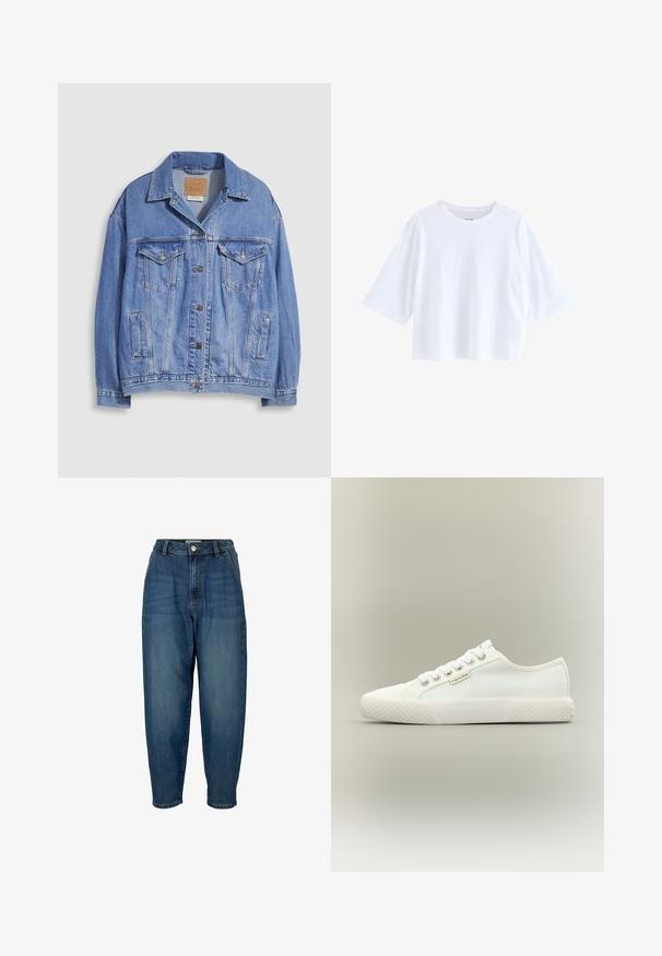 Chaqueta vaquera azul claro con cuello tipo camisa, cierre de botones, dos bolsillos en el pecho y bolsillos laterales. Textura desgastada y etiqueta de marca visible.; Camiseta blanca corta hecha de tela suave, con cuello redondo y mangas cortas y anchas de corte relajado. Sin patrones ni detalles visibles.; Vaqueros de mezclilla azul de cintura alta con un corte relajado, que presentan bolsillos frontales, cierre de cremallera y un leve desgaste en la tela.; Zapatilla blanca de lona de corte bajo con suela de goma texturizada, cordones blancos y pequeña etiqueta de Calvin Klein en el lateral.