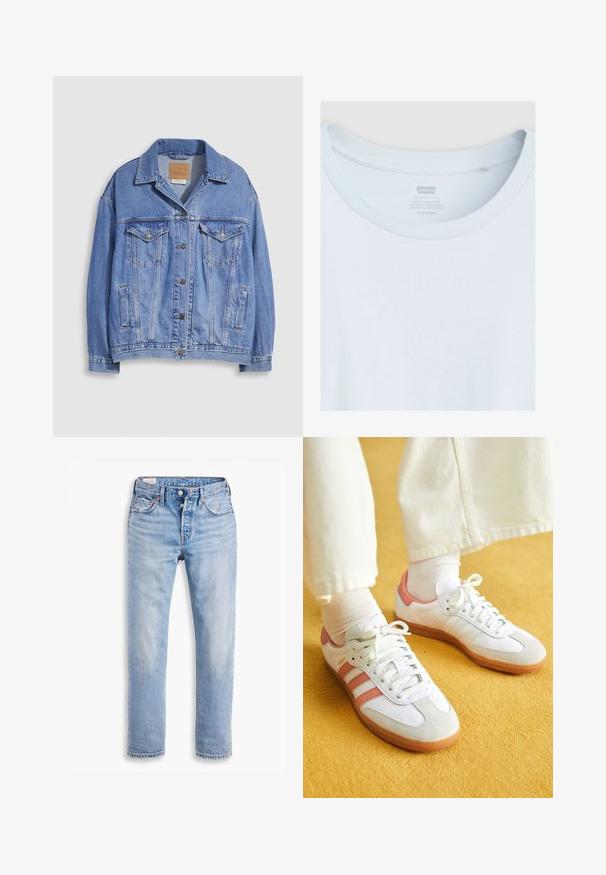 Veste en denim bleu clair avec col chemise, fermeture à boutons, deux poches poitrine et poches latérales. Texture usée et étiquette de marque visible.; Col de t-shirt blanc Levi's montrant un col rond côtelé cousu et une étiquette imprimée avec la taille et les détails de fabrication.; Jeans en denim bleu clair avec une coupe droite, deux poches avant et une fermeture à boutons. Texture usée avec un léger délavage près des genoux.; Baskets blanches avec des accents roses, en matériaux de daim et de cuir, à bout rond et semelle en caoutchouc, présentées avec des chaussettes claires sur un fond jaune.