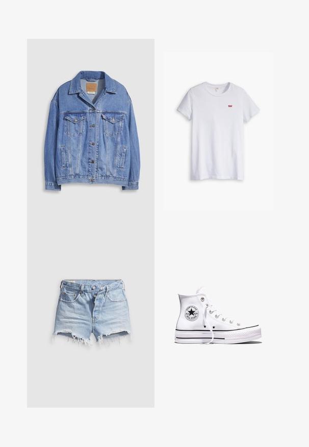 Hellblaue Jeansjacke mit Hemdkragen, Knopfleiste, zwei Brusttaschen und Seitentaschen. Verwaschene Textur und sichtbares Markenetikett.; Weißes Baumwoll-T-Shirt mit kurzen Ärmeln und rundem Ausschnitt. Besitzt ein kleines rotes Levi's-Logo auf der linken Brustseite.; Hellblaue Jeans-Cut-off-Shorts mit ausgefransten Säumen, fünf Taschen und einem Knopfverschluss. Die Textur ist weich mit einem leicht abgenutzten Aussehen.; Weißer Converse Chuck Taylor All Star High-Top-Sneaker mit schwarzen Streifen und Logo-Patch an der Seite, präsentiert vor einem schlichten weißen Hintergrund.