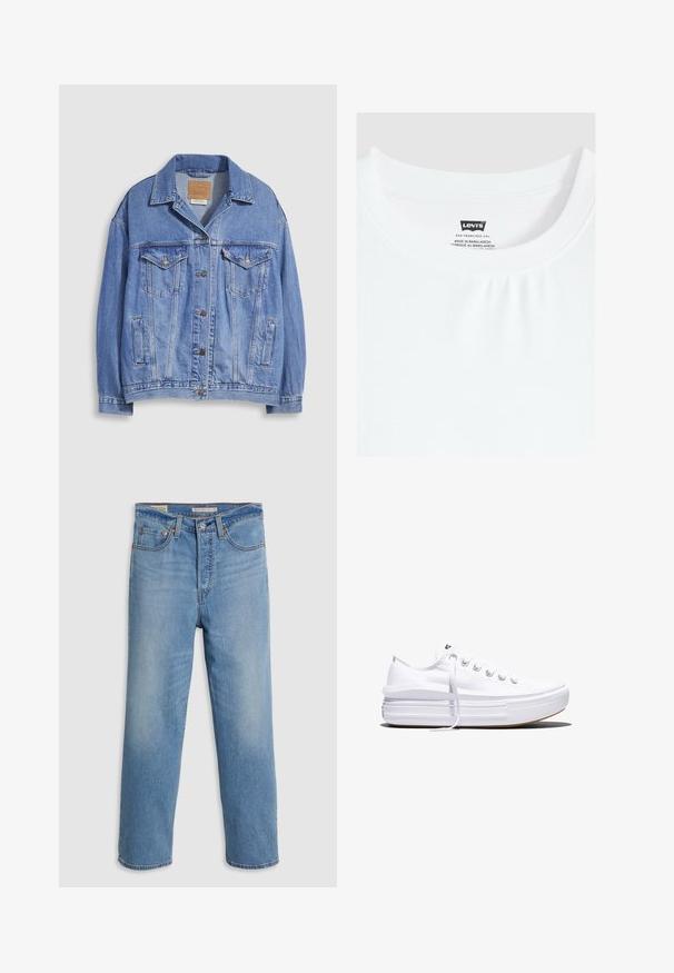 Lyseblå denimjakke med skjortekrave, knaplukning, to brystlommer og sidelommer. Slidt tekstur og synligt mærke.; Hvid t-shirt med rund hals og Levi's mærke syet ind i kraven, lavet i Bangladesh.; Lysblå lige ben denimbukser med forlommer, bæltestropper og en knaplukning på en ensfarvet baggrund.; Hvid lavt snørestøvle med tyk plateau-sål, snørelukning foran og gummiforstærket tåkap, set i sideprofil.
