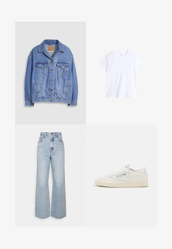 Lyseblå denimjakke med skjortekrave, knaplukning, to brystlommer og sidelommer. Slidt tekstur og synligt mærke.; Hvid bomuld t-shirt med korte ærmer, rund halsudskæring og lige kant. Har en lille rød logoetiket på nederste venstre side.; Lysblå denim brede ben jeans med høj talje, klassisk fem-lomme design og kontrasterende syninger. Uslebne kanter i bunden.; Reebok sneakers i off-white læder med lyseblå detaljer. Har perforeret tå, flade snørebånd og tekstureret gummisål.