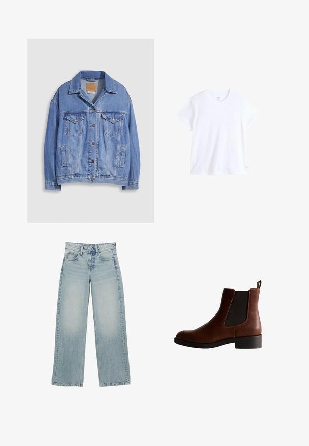 Lichtblauwe spijkerjack met overhemdkraag, knoopsluiting, twee borstzakken en zijzakken. Versleten textuur en zichtbaar merklabel.; Wit katoenen t-shirt met korte mouwen, ronde hals en rechte zoom. Heeft een klein rood logotag aan de linkeronderzijde.; Lichtblauwe denim wijde jeans met een hoge taille, voorzien van vijf zakken, een knoopsluiting en subtiele vervaging voor een versleten effect.; Bruine leren enkelboot met elastische zijkanten, ronde neus en een lage blokhak. Kenmerkt zich door contrasterende stiksels en een trekband.