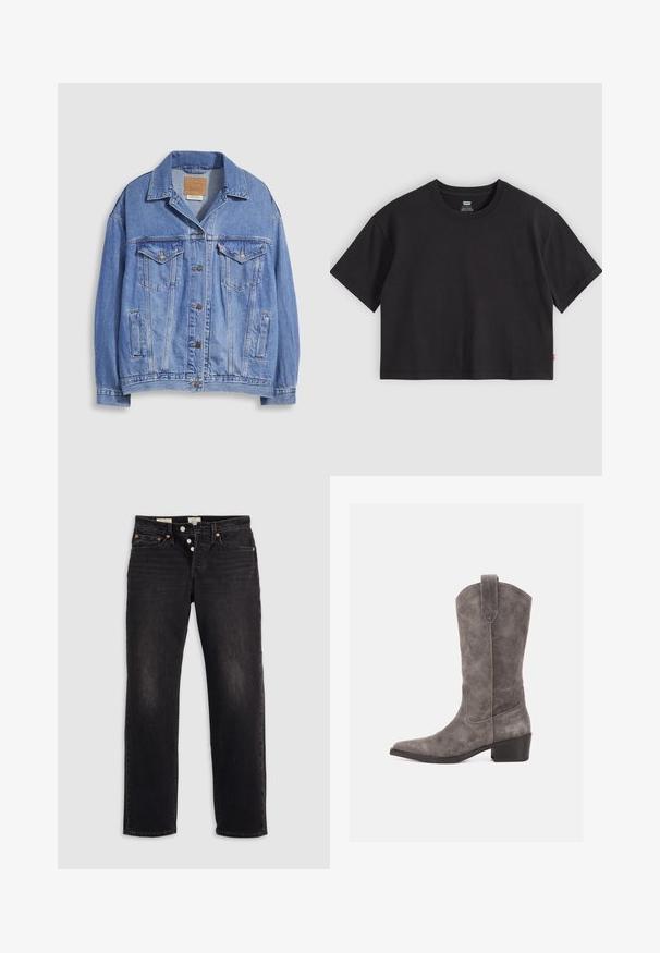 Hellblaue Jeansjacke mit Hemdkragen, Knopfleiste, zwei Brusttaschen und Seitentaschen. Verwaschene Textur und sichtbares Markenetikett.; Schwarzes, kurzärmeliges T-Shirt mit Rundhalsausschnitt und kleinem roten Levi's-Label an der Seitennaht, flach auf einem hellgrauen Hintergrund liegend.; Schwarze Denim-Jeans mit geradem Bein, ausgestattet mit fünf Taschen, Kupfernieten und einem Knopfverschluss. Weiche Textur mit dezenten Verblassungsdetails.; Grauer Wildleder-Westernstiefel bis zur Mitte der Wade mit spitzer Spitze, Zuglasche und niedrigem Blockabsatz auf weißem Hintergrund.