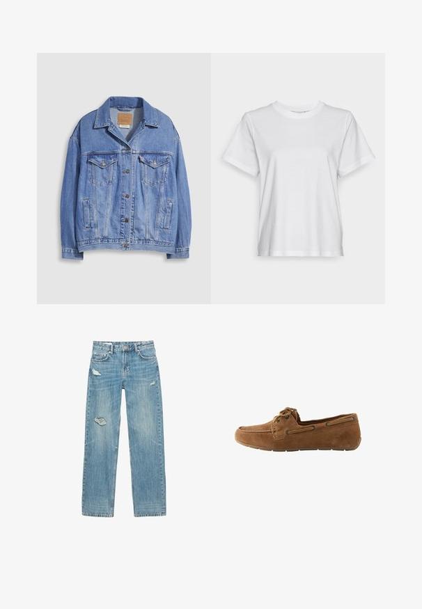 Lyseblå denimjakke med skjortekrave, knaplukning, to brystlommer og sidelommer. Slidt tekstur og synligt mærke.; Hvid bomulds T-shirt med korte ærmer, rund hals og en afslappet pasform. Glat tekstur, uden mønstre eller grafik, enkel design.; Lyseblå, straight-leg jeans lavet af denim. Har sammensmeltede huller på fronten, falmede tekstur og fem lommer med metalhardware.; Brune ruskind loafers med rund tå, snøredetalje og metaløjer. Fleksibel gummisål med en tekstureret overflade for bedre greb.