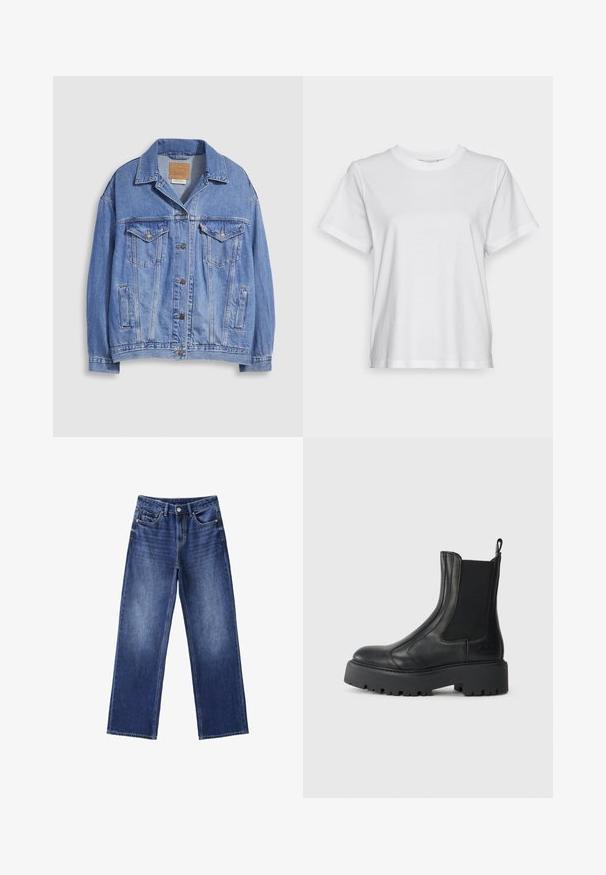 Lichtblauwe spijkerjack met overhemdkraag, knoopsluiting, twee borstzakken en zijzakken. Versleten textuur en zichtbaar merklabel.; Witte katoenen t-shirt met korte mouwen, ronde hals en een ontspannen pasvorm. Soepele textuur, zonder patroontjes of graphics, basisontwerp.; Blauwe denim jeans met wijde pijpen, knoop en rits aan de voorkant, riemlussen en vijf zakken op een witte achtergrond.; Zwarte leren enkelboot met elastische zijpanelen, een ronde neus en een chunky, getextureerde rubberen zool. Voorzien van een treklabel aan de achterkant.