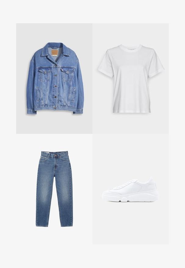 Lichtblauwe spijkerjack met overhemdkraag, knoopsluiting, twee borstzakken en zijzakken. Versleten textuur en zichtbaar merklabel.; Witte katoenen t-shirt met korte mouwen, ronde hals en een ontspannen pasvorm. Soepele textuur, zonder patroontjes of graphics, basisontwerp.; Lichtblauwe denim jeans met een hoge taille, rechte pijpen, vijf zakken en oranje stikseldetails. Verweerde afwerking aan de voorkant.; Witte lage sneaker met dikke zool, veters aan de voorkant en een bovenwerk van glad leer, weergegeven in zijaanzicht rechts op een effen achtergrond.