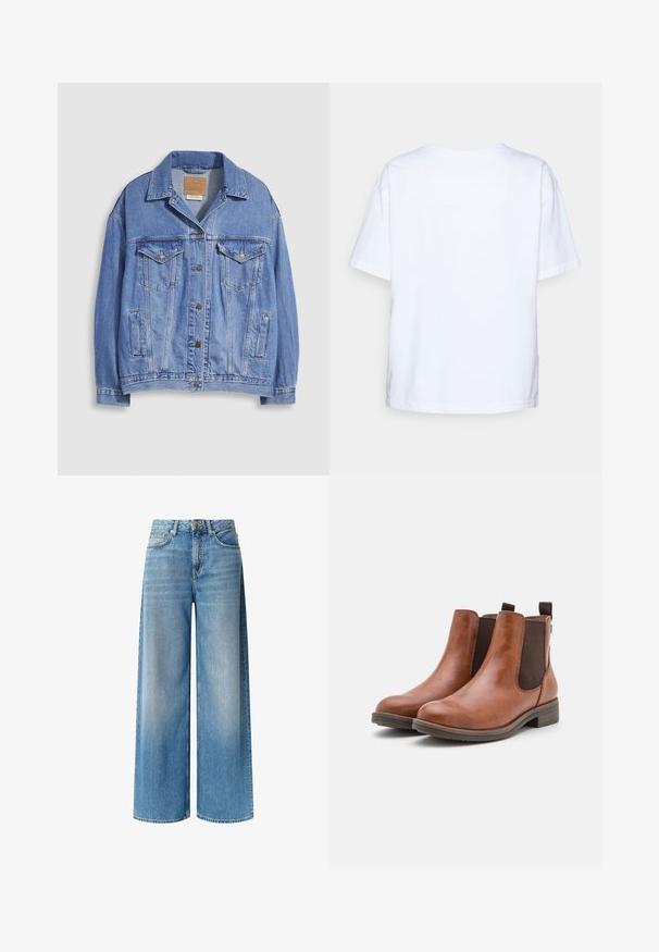 Chaqueta vaquera azul claro con cuello tipo camisa, cierre de botones, dos bolsillos en el pecho y bolsillos laterales. Textura desgastada y etiqueta de marca visible.; Camiseta de algodón blanca de manga corta vista desde atrás sobre un fondo gris claro.; Jeans de mezclilla azul de pierna ancha con un lavado claro, cintura alta, bolsillos delanteros y un sutil efecto de desvanecimiento a lo largo de las piernas. Terminados con un cierre de botón.; Botas de cuero marrón hasta el tobillo con paneles laterales elásticos, punta redondeada y un bajo tacón de madera. Presenta una pestaña en el bucle para facilidad al ponérselas.