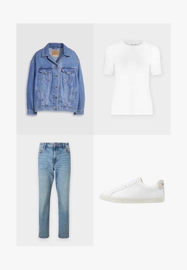 Veste en denim bleu clair avec col chemise, fermeture à boutons, deux poches poitrine et poches latérales. Texture usée et étiquette de marque visible.; T-shirt blanc à manches courtes avec col rond, coupe slim et texture de tissu côtelé, présenté sur un fond uni gris clair.; Jean bleu clair taille haute, coupe droite, avec fermeture par bouton et zip à l'avant, poches avant et détails subtilement délavés.; Baskets en cuir blanc avec une semelle en caoutchouc texturée et blanc cassé. Les caractéristiques incluent des lacets, des coutures discrètes et un accent en daim gris au niveau du talon.