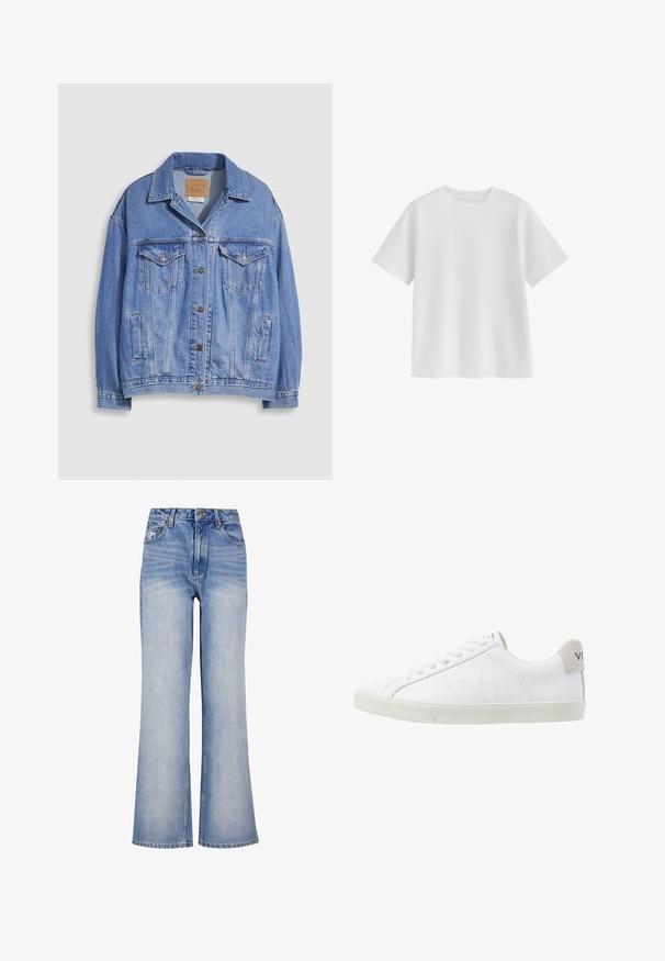 Lyseblå denimjakke med skjortekrave, knaplukning, to brystlommer og sidelommer. Slidt tekstur og synligt mærke.; Ensfarvet hvid T-shirt med korte ærmer og rund hals, normal pasform og glat stofstruktur på hvid baggrund.; Lys blå denim bred-benede jeans har høj talje, knaplukning, diskret slidmærker og et klassisk fem-lomme design.; Hvide lædersneakers med en struktureret off-white gummi sål. Funktioner inkluderer snørebånd, diskrete sømme og en grå ruskindsdetalje ved hælen.