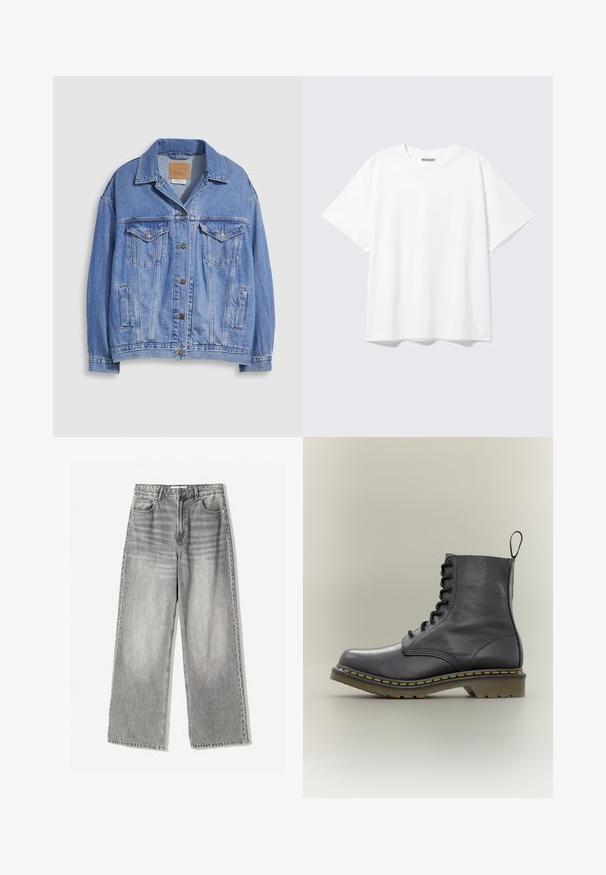 Lyseblå denimjakke med skjortekrave, knaplukning, to brystlommer og sidelommer. Slidt tekstur og synligt mærke.; Hvid T-shirt med korte ærmer og rund halsudskæring med en afslappet pasform og et "WEEKDAY" mærke på indersiden af nakken bagtil.; VIDEAJEANS i falmet sort denim med høj talje, der har fem lomme design og kontrasterende syning for tekstur.; Sort læderkampstøvle med 8 snørehuller, gummisål, gul syning og en træksløjfe bagpå. Har en struktureret overdel.