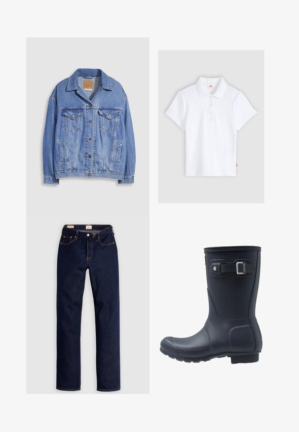 Lyseblå denimjakke med skjortekrave, knaplukning, to brystlommer og sidelommer. Slidt tekstur og synligt mærke.; Hvid kortærmet ribbet poloshirt med krave og fire knapper, lagt fladt ud på en lysegrå baggrund.; Mørkeblå jeans med lige ben, orange syninger, fem lommer og knaplukning, lagt fladt på en lys baggrund.; Sort gummistøvle med rund tå, struktureret sål og justerbar remdetalje. Glat overflade med mat finish.