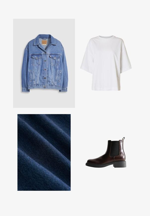 Hellblaue Jeansjacke mit Hemdkragen, Knopfleiste, zwei Brusttaschen und Seitentaschen. Verwaschene Textur und sichtbares Markenetikett.; Weißes T-Shirt mit kurzem Ärmel, weitem Schnitt, eingesetzten Schultern und rundem Ausschnitt auf einfarbigem Hintergrund.; Dunkelblauer Jeansstoff mit einer glatten Textur, der sichtbare diagonale Webmuster sowie subtile Farb- und Glanzvariationen aufweist.; Braune Leder-Boots mit elastischen Seitenteilen, runder Spitze und einer strukturierten schwarzen Gummisohle. Verfügt über kontrastierende Nähte und eine Ziehlasche.