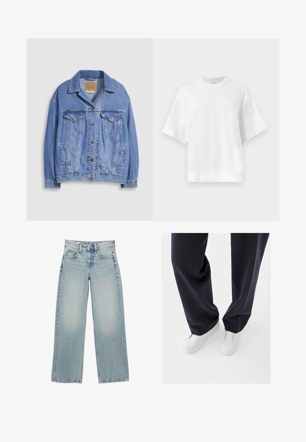 Lyseblå denimjakke med skjortekrave, knaplukning, to brystlommer og sidelommer. Slidt tekstur og synligt mærke.; Plain hvid oversized T-shirt med korte ærmer og rund halsudskæring, vist fladt mod en lys grå baggrund.; Lysblå denim bredbukser med høj talje, der har fem lommer, knaplukning og subtile falmninger for en slidt effekt.; Hvide sneakers med teksturerede gummisåler og flade snørebånd, kombineret med mørkeblå bukser i løs, glat stof og skræddersyet pasform.