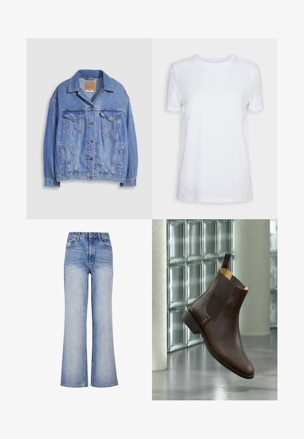 Chaqueta vaquera azul claro con cuello tipo camisa, cierre de botones, dos bolsillos en el pecho y bolsillos laterales. Textura desgastada y etiqueta de marca visible.; Camiseta blanca lisa de manga corta con cuello redondo, ajuste regular y una pequeña etiqueta interior en el cuello que dice "SELECTED FEMME."; Jeans de mezclilla de un azul claro, de pierna ancha, con cintura alta, cierre de botón, un ligero desvanecimiento y un diseño clásico de cinco bolsillos.; Bota Chelsea de cuero marrón oscuro con paneles laterales elásticos negros, lengüeta para tirar y tacón bajo, mostrada sobre un fondo de pared de bloques de vidrio.