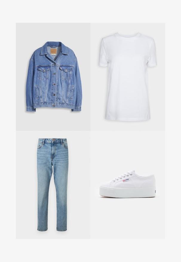 Chaqueta vaquera azul claro con cuello tipo camisa, cierre de botones, dos bolsillos en el pecho y bolsillos laterales. Textura desgastada y etiqueta de marca visible.; Camiseta blanca lisa de manga corta con cuello redondo, ajuste regular y una pequeña etiqueta interior en el cuello que dice "SELECTED FEMME."; Vaqueros azul claro de tiro alto y pierna recta con cierre frontal de botón y cremallera, bolsillos delanteros y sutiles detalles descoloridos.; Zapatilla de lona blanca con una gruesa suela de plataforma blanca, punta redonda y ojales de metal para los cordones. Logotipo de la marca mostrado en el lateral.