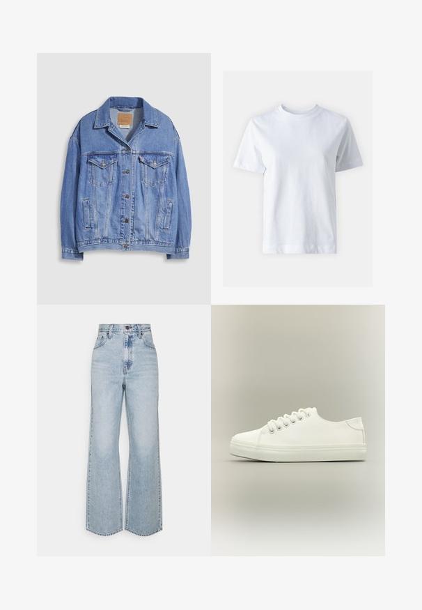 Lyseblå denimjakke med skjortekrave, knaplukning, to brystlommer og sidelommer. Slidt tekstur og synligt mærke.; Hvid bomulds t-shirt med rund halsudskæring, korte ærmer, lige snit og glat tekstur. Ingen mønstre eller dekorationer.; Lysblå denim brede ben jeans med høj talje, klassisk fem-lomme design og kontrasterende syninger. Uslebne kanter i bunden.; Hvid lavtop sneaker med hvide snørebånd og gummisål vist fra siden på en neutral baggrund.