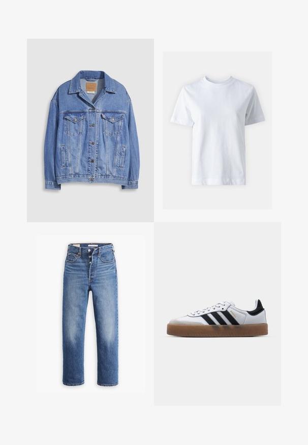 Lyseblå denimjakke med skjortekrave, knaplukning, to brystlommer og sidelommer. Slidt tekstur og synligt mærke.; Hvid bomulds t-shirt med rund halsudskæring, korte ærmer, lige snit og glat tekstur. Ingen mønstre eller dekorationer.; Blå denim jeans med høj talje, lige ben og udtværede områder. Har forlommer og metalbeslag.; Hvide lædersneakers med sorte striber, gummirubber sål, rund tå, snørelukning og blød grå ruskinds tåhætte.