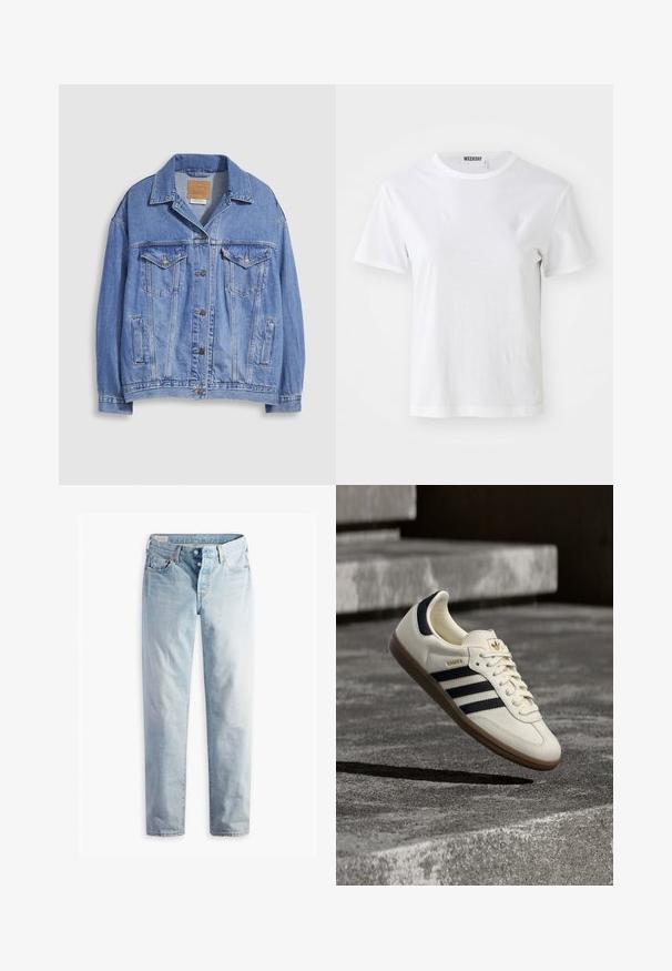 Chaqueta vaquera azul claro con cuello tipo camisa, cierre de botones, dos bolsillos en el pecho y bolsillos laterales. Textura desgastada y etiqueta de marca visible.; Camiseta blanca de manga corta hecha de una tela suave. Cuenta con un escote redondo y un corte recto, con una etiqueta en el cuello interior.; Jeans de mezclilla azul claro con diseño de pierna recta, cinco bolsillos y cierres de botones metálicos en una pretina estándar.; Zapatilla blanca Adidas Samba con franjas negras y suela de goma, flotando sobre escalones de hormigón gris texturizado.