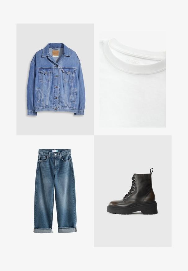 Lyseblå denimjakke med skjortekrave, knaplukning, to brystlommer og sidelommer. Slidt tekstur og synligt mærke.; Hvid crew-neck t-shirt fremstillet af blødt bomuld, med en tekstureret ribkant og trykt mærkelabel på indersiden af halsen.; Blå denim boyfriend jeans med opbuk, forreste knap- og lynlåslukning samt synlige forlommer.; Sorte læder ankelstøvler med snørebånd, tyk sort sål og en løkke bagpå, prydet med præget mærkenavn på hælen.